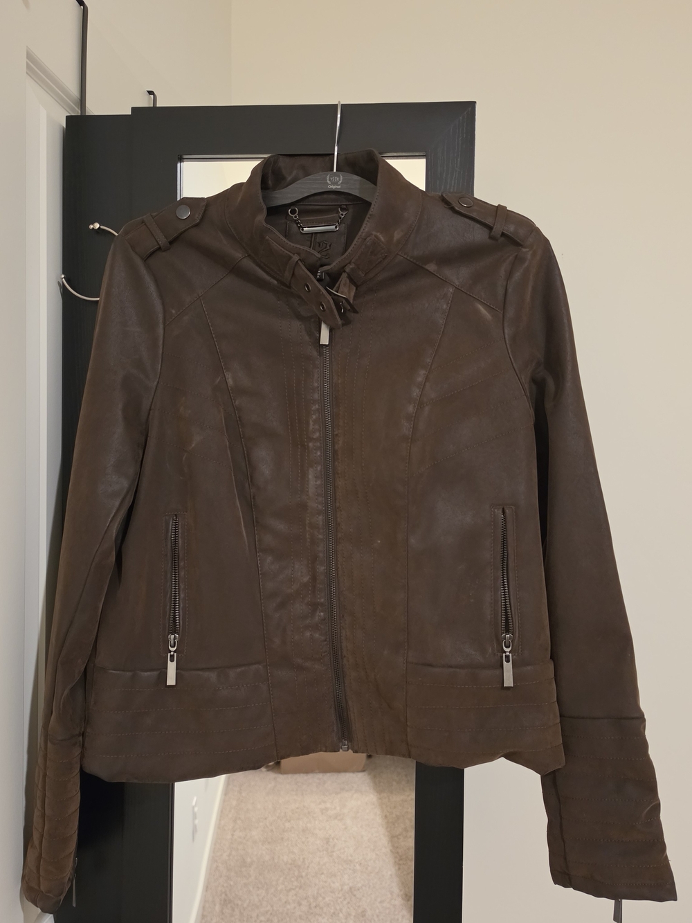 Brown Faux Leather Moto Jacket XL Zip Pockets Buckle Collar Motorcycle